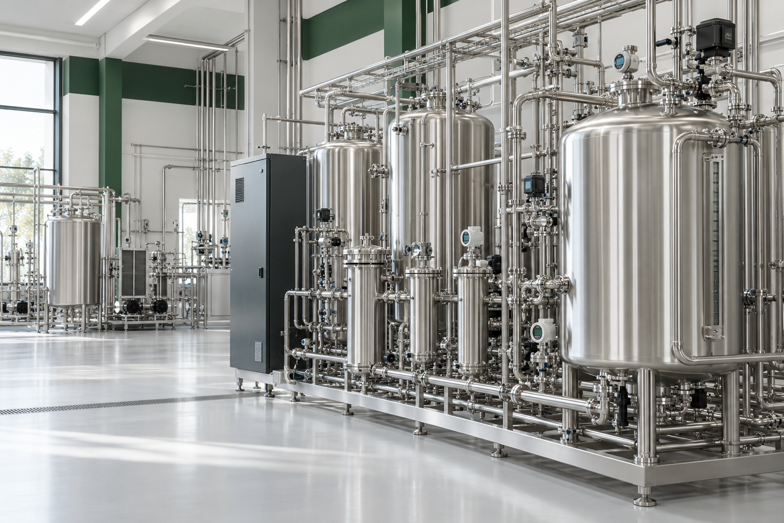 Pharmaceutical purified-water equipment and sanitary process pipework in a clean utility room